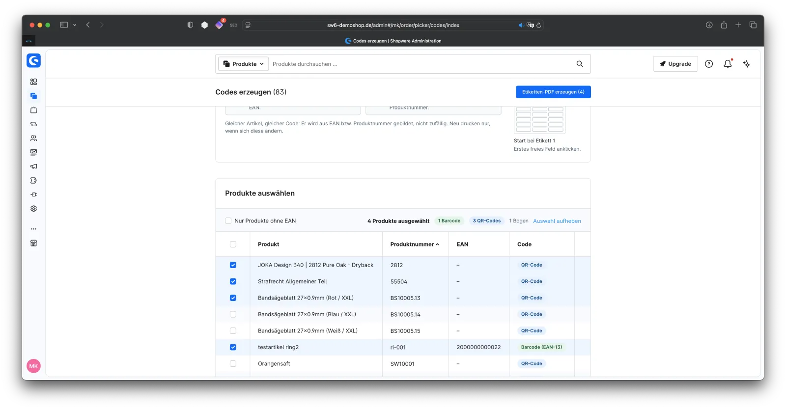 Shopware-Administration: Modul „Codes erzeugen“ mit Produktauswahl, Barcodes und QR-Codes
