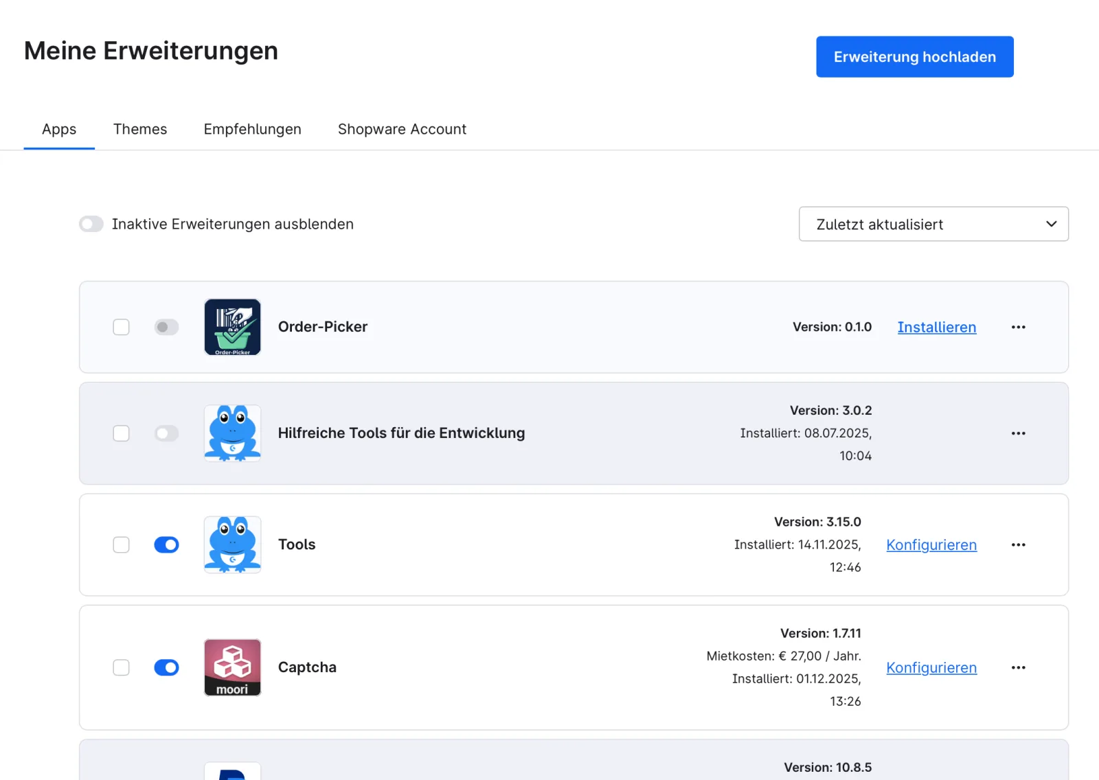 Shopware-Administration: Order-Picker unter Meine Erweiterungen