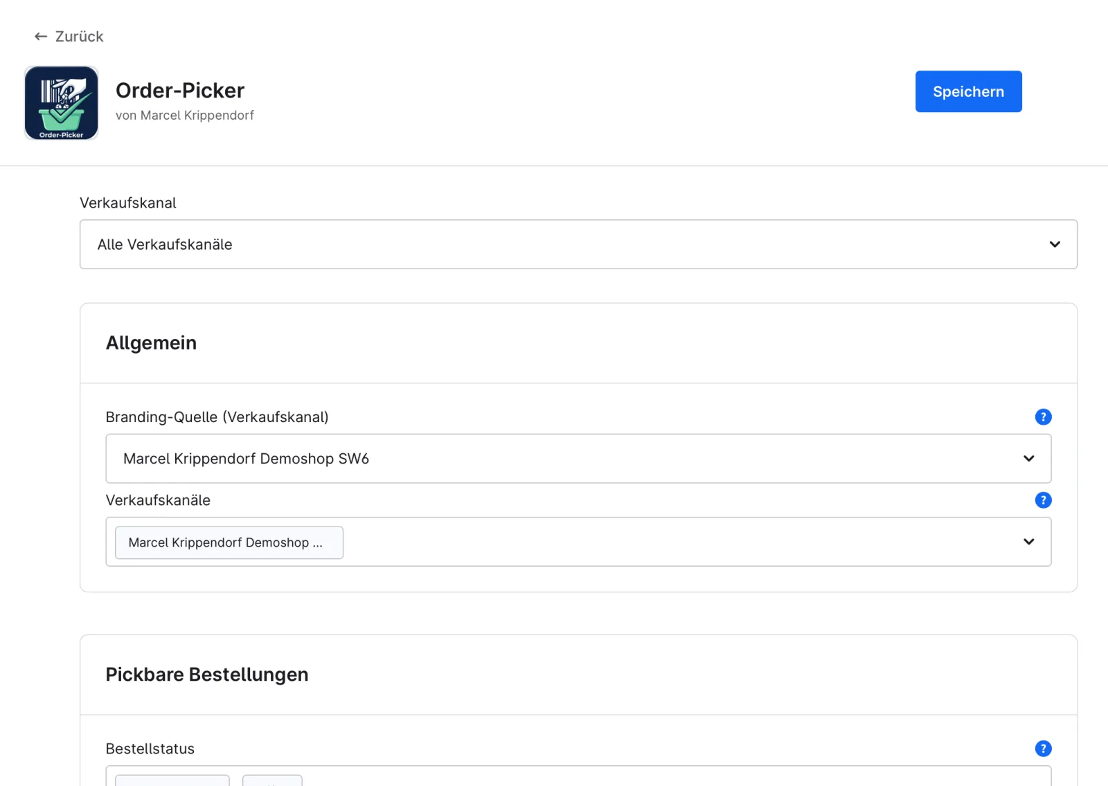 Plugin-Konfiguration: Branding-Quelle und Verkaufskanäle