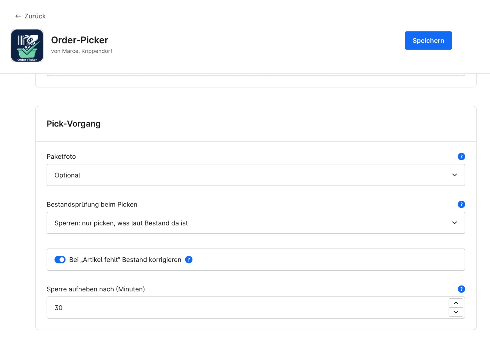 Plugin-Konfiguration: Paketfoto, Bestandsprüfung und Sperre