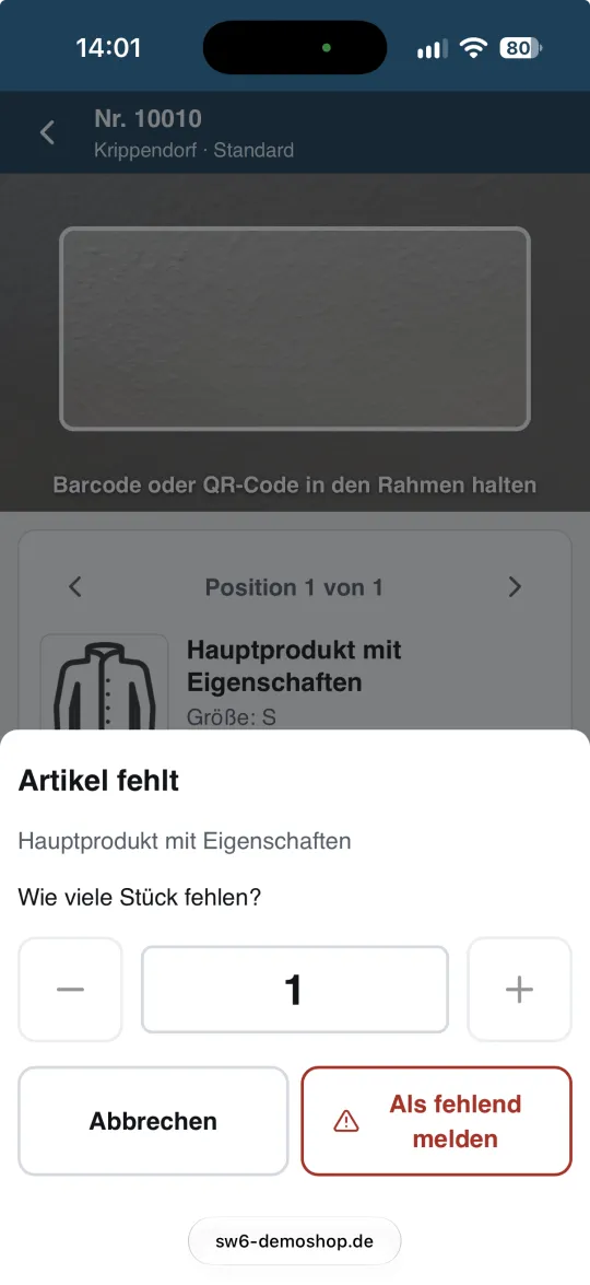 Dialog „Artikel fehlt“ mit Eingabe der Fehlmenge