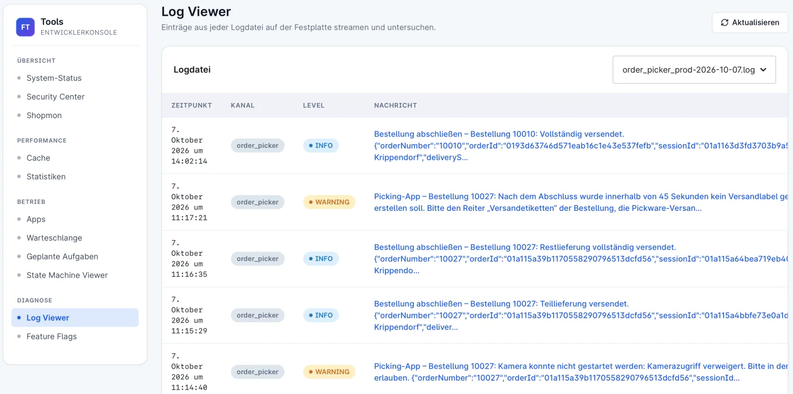 Protokoll von Order-Picker im Log-Viewer von FroshTools