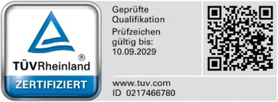 TÜV Rheinland zertifiziert, geprüfte Qualifikation, ID 0217466780